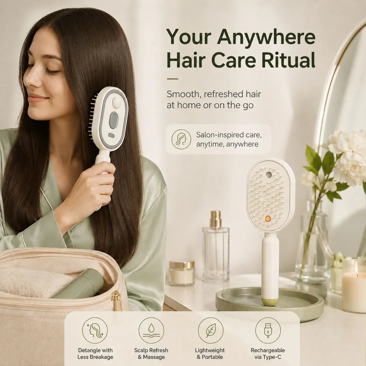 Electric Spray Air Cushion Massage Comb with Self-Cleaning, Anti-Tangle, Anti-Static, Volumizing Functions and Essential Oil Mist Aromatherapy Hair Care
