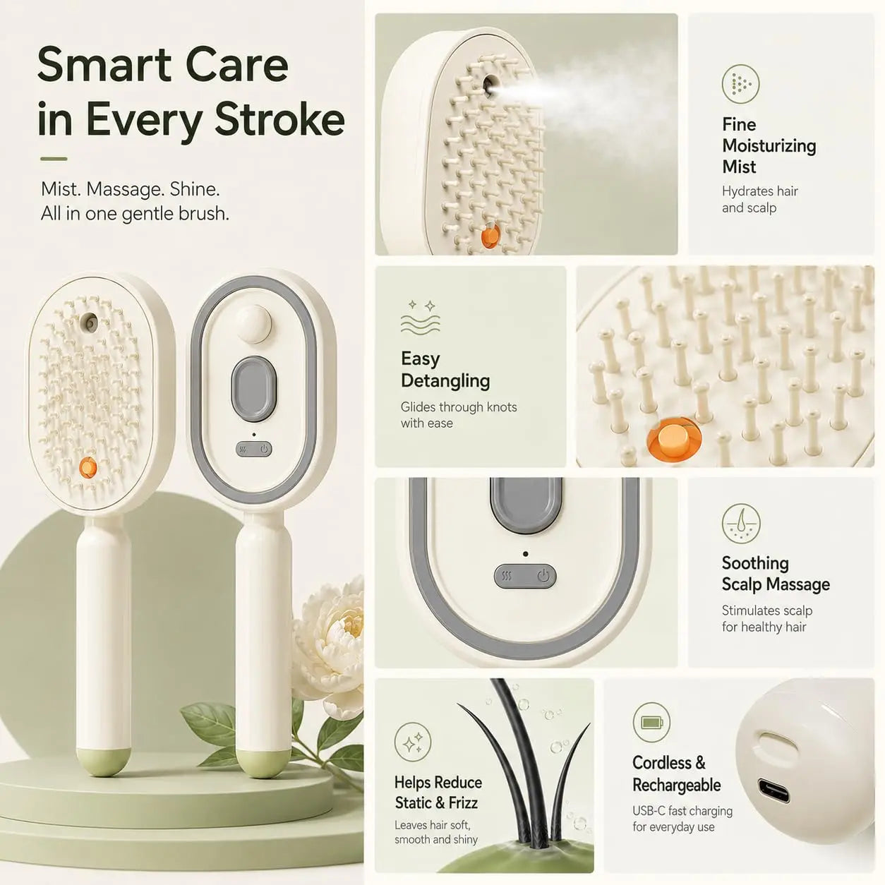 Electric Spray Air Cushion Massage Comb with Self-Cleaning, Anti-Tangle, Anti-Static, Volumizing Functions and Essential Oil Mist Aromatherapy Hair Care